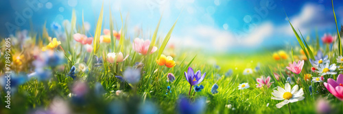 Spring meadow with colorful flowers. Panoramic web banner.