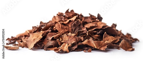 Close shot of a stack of dried tobacco on plain white backdrop with space for text or product advertisement, Generative AI.