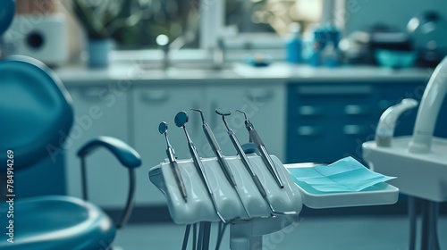 Zoomed-in shot of dental instruments laid out for a procedure, focusing on the precision in dental care