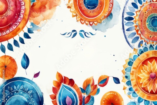 water color colorful illustration, abstract floral background with flowers, free empty space in center, 