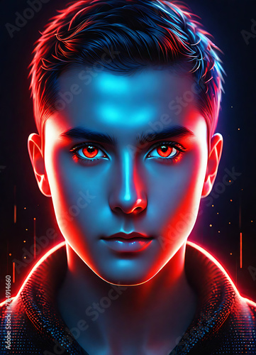  solo, male_focus, looking_at_viewer, 1boy, red_eyes, glowing, portrait photo