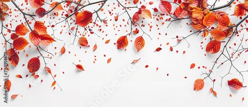 Top view of autumn tree brunches and leaves are falling from above in a studio clean backdrop with a big space inside of it, Generative AI. photo