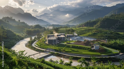Against a backdrop of serene mountains and winding rivers a team of workers diligently operate a biorefinery harnessing the power of nature to create sustainable energy sources. This .