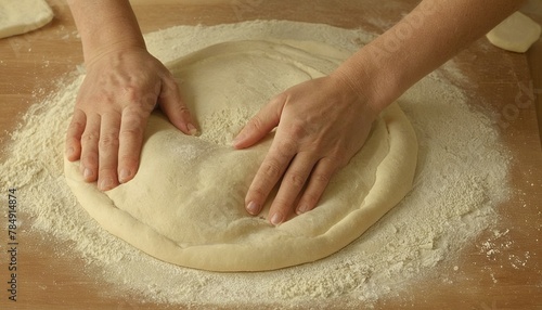 Hands at Work: Preparing Pizza Dough on a Floured Surface, Close-Up