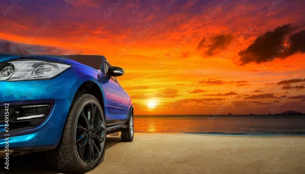 Wallpaper compact SUV car with sport and modern design parked on concrete road by the sea beach at sunset. Front view of luxury car. New SUV car with beautiful red sunset sky and clouds at the beach. - obrazy, fototapety, plakaty 