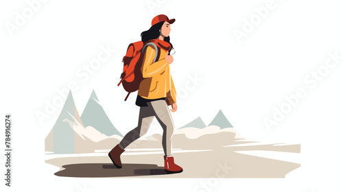 Woman walking with backpack draw 2d flat cartoon va