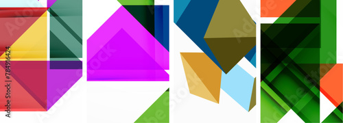 A vibrant display of colorfulness with an array of purple and violet triangles and rectangles on a white background. A creative art piece showcasing symmetry and material properties