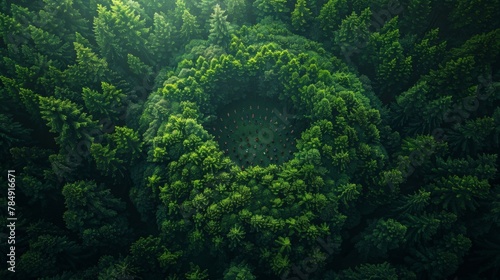 An aerial view of a lush forest with a small clearing in the center where a group of people are meditating and connecting with nature. photo