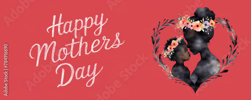 Black Mother and child with flowers wreath leaves around, HAPPY MOTHER'S DAY text cute, memories, moments, love relationship, Happy mothers day concept, text template, deep red background