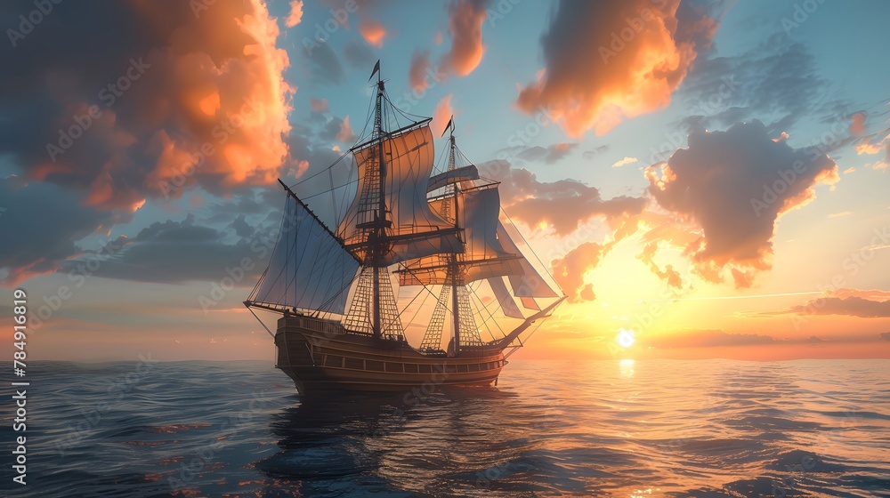 Sailing Ship at Sunset on the Ocean