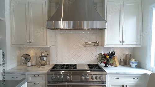 Close shot of stainless steel hood installed in kitchen with a big space for text or product advertisement, Generative AI. photo