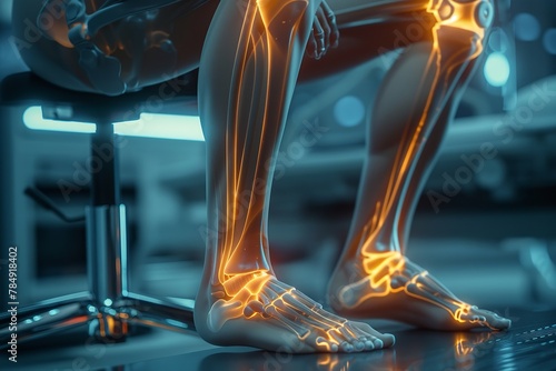 An illustration of double exposer of pain in leg with orange or red radiation with a big space for text or product advertisement, Generative AI.