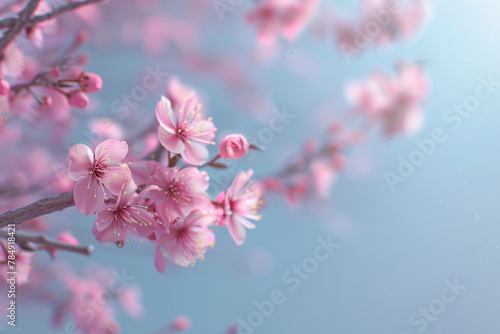 Pink cherry blossoms blooming in spring under a blue sky photo