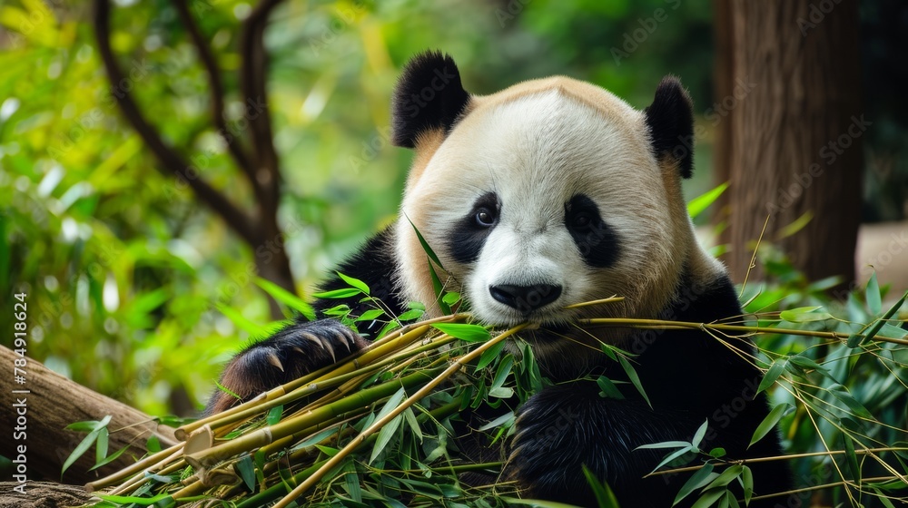 Fototapeta premium A panda chewing on bamboo