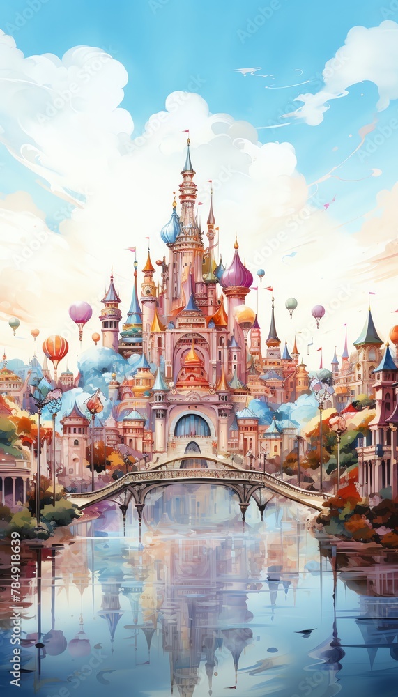 Naklejka premium Paint a vibrant watercolor illustration of a whimsical amusement park viewed from a birds-eye perspective, capturing romantic stories unfolding in virtual reality booths