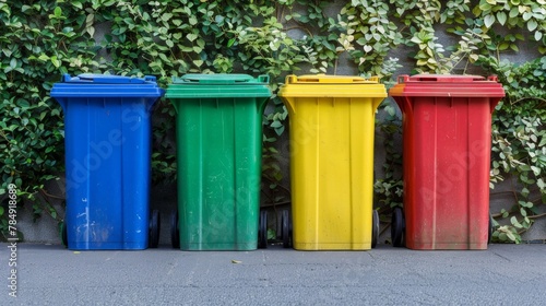 Four colorful recycling bins against green foliage. AI Generative. © Alisa