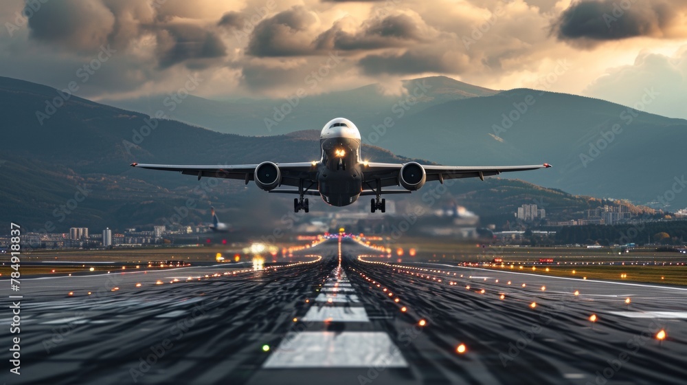 A plane taking off from an airport A plane taking off from an airport