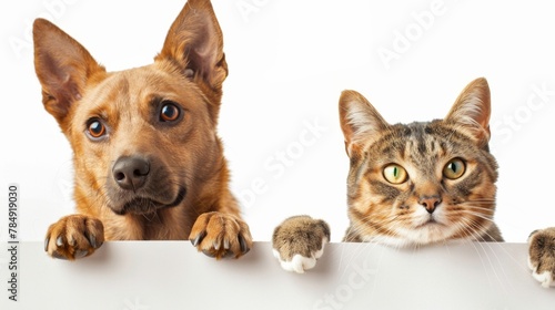 Curious cat and dog peeking over banner. AI Generative.