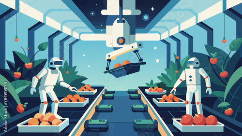 In a futuristic agricultural space station robotic arms extend from all angles delicately plucking ripe fruits and vegetables from their vines
