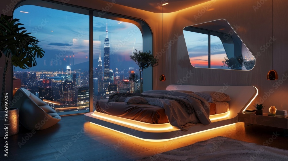 A master bedroom merges luxury with futuristic ambiance, AI Generative. A master bedroom merges luxury with futuristic ambiance, AI Generative.