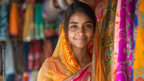 A smiling young beautiful Indian woman standing in a shop selling saris and fabrics