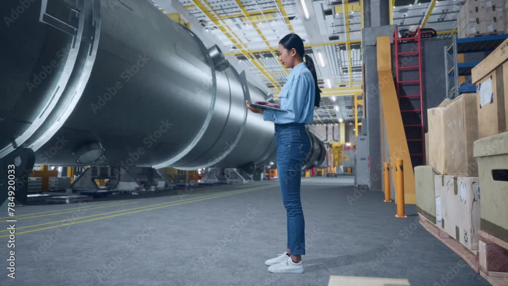 Full Body Woman Not Satisfied And Shakes Her Head While Using Laptop Computer In Pipe Manufacturing Factory Full Body Woman Not Satisfied And Shakes Her Head While Using Laptop Computer In Pipe Manufacturing Factory