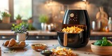 Portrait of modern electric air fryer machine with a kitchen backdrop and space for text or product advertisement, Generative AI.