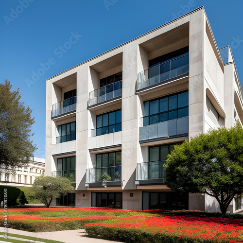 Una imagen de un edificio de color blanco, de apariencia bastante moderna photo