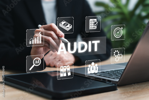 Audit business management concept, Certificate online, Standard and quality control, Businesswomen check and approval for ISO certification and standardization document audit, accountant Audit