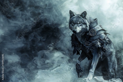 Portrait of a wolf in armor on a background of smoke photo
