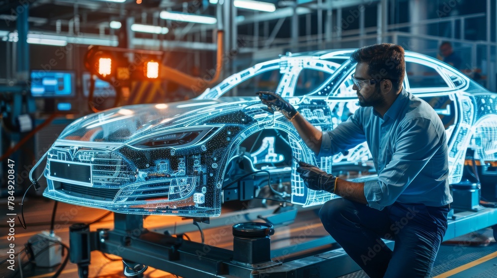 Fototapeta premium Technicians conducting crash tests on an electric car to evaluate its structural integrity and safety features