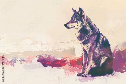 Digital painting of a wolf sitting in front of a watercolor background photo