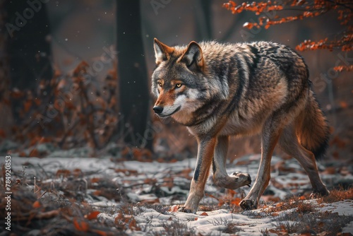Walking wolf in the winter forest, Wildlife scene from nature