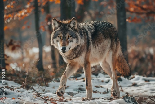 Grey wolf in the forest in autumn   Wolf in the nature