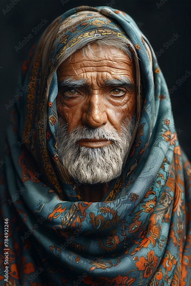 Portrait of an old man with a beard in a turban