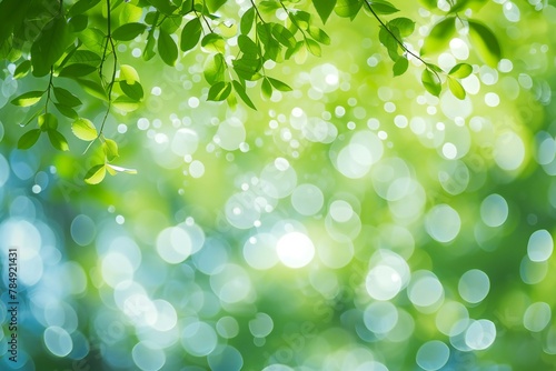 Green leaves on blue bokeh background with sun rays and copy space