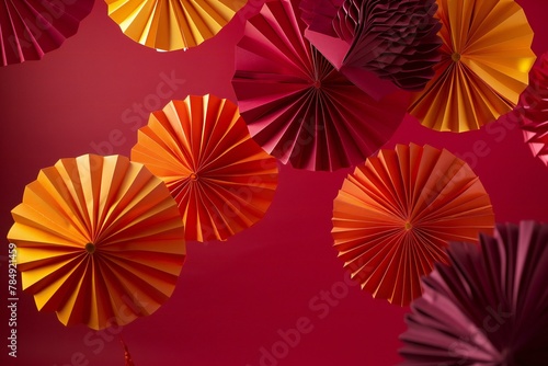 Colorful paper umbrellas on a red background    rendering