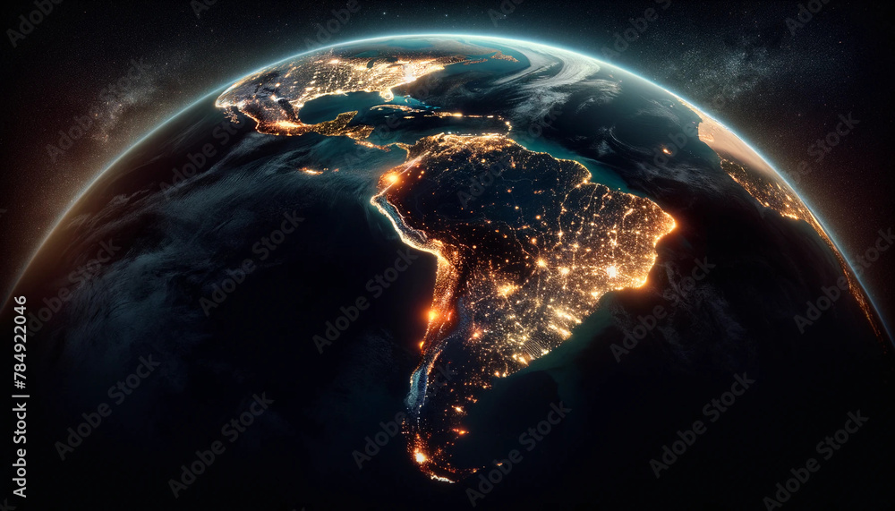 Earth at night as seen from space, with South America as the focal point Earth at night as seen from space, with South America as the focal point