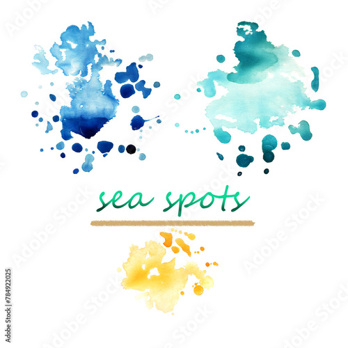 
Set of watercolor splash stains, blue, cyan and yellow sand color, sea summer shades, hand drawn, suitable as a background, place for text for flyers, postcards, geographical maps