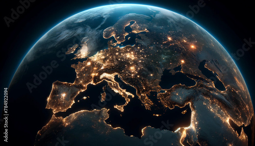 Earth at night as seen from space, with Europe as the focal point