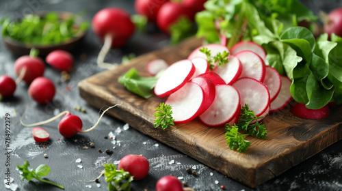 A wooden cutting board displaying a mix of sliced radishes and leafy greens, showcasing fresh and natural food ingredients for a vibrant dish or salad recipe