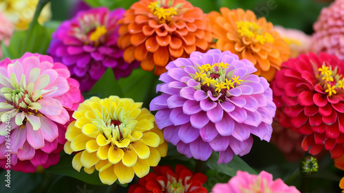 A variety of colorful flowers  including the common zinnia with magenta and yellow petals  are blooming in a garden. Closeup shots capture the beauty of these flowering plants