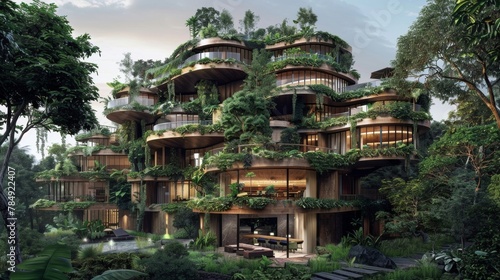 Surrounded by lush greenery a luxurious resort complex boasts intricate and sustainable design features a true feat of engineering prowess. .