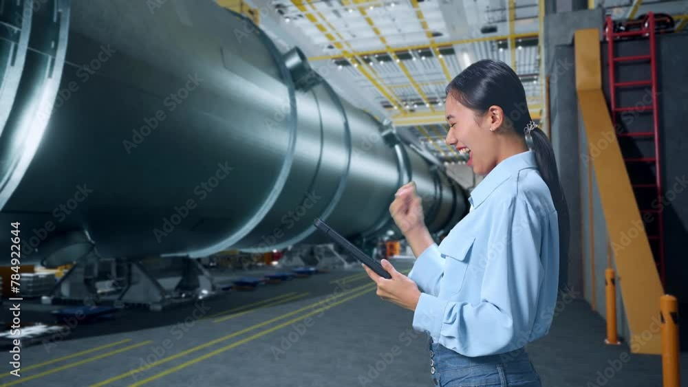 Side View Of Happy Asian Business Woman Celebrating Using Tablet In Pipe Manufacturing Factory Side View Of Happy Asian Business Woman Celebrating Using Tablet In Pipe Manufacturing Factory