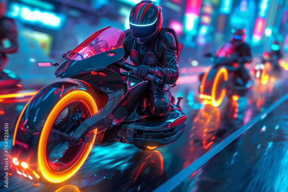 Hoverbike gang with niji underlights racing through a neon city, dynamic action, closeup, thrilling and fastpaced