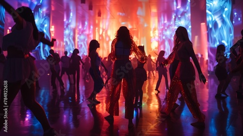 Holographic niji projections at a futuristic festival, night, revelers dancing, wide shot, joyous and lively