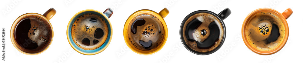 Collection cup of hot black coffee on a transparent background, top view, PNG - obrazy, fototapety, plakaty 