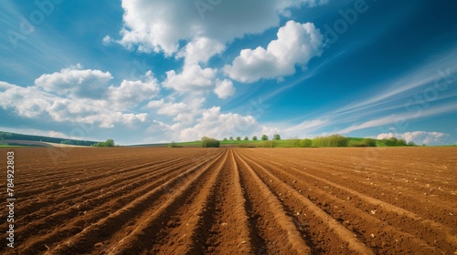 Furrows a plowed field prepared for planting crops in spring with clouds on blue sky in perspective