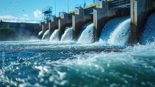 hydroelectric dam with water flowing through turbines