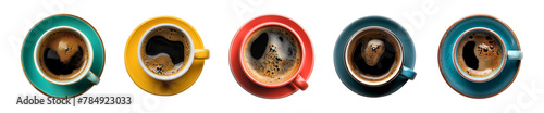 Collection cup of hot black coffee on a transparent background, top view, PNG